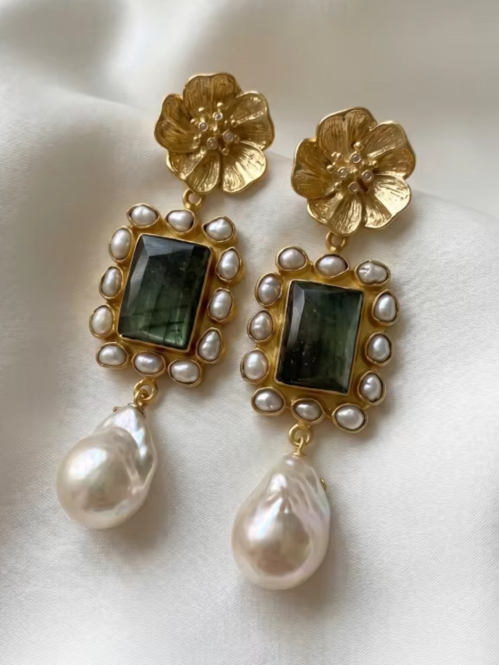 Royal Gold Floral Pearl Drop Earrings